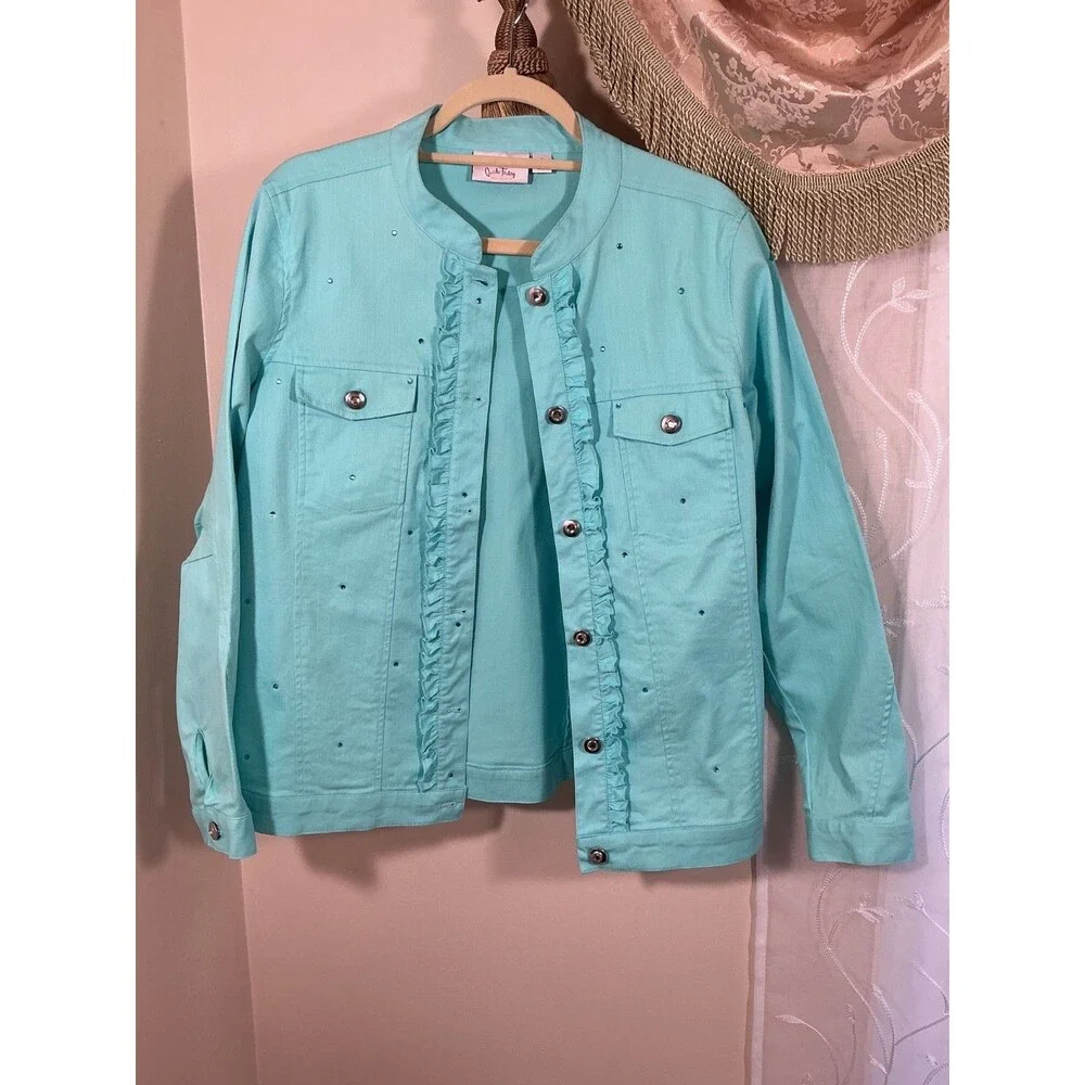 Quacker Factory womens torquise color denim jean jacket Sz S cotton Euro-Summer